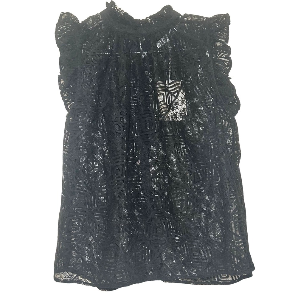 FRAME Noir Black Geometric Lace Sleeveless Ruffle Mock Neck Top women's small